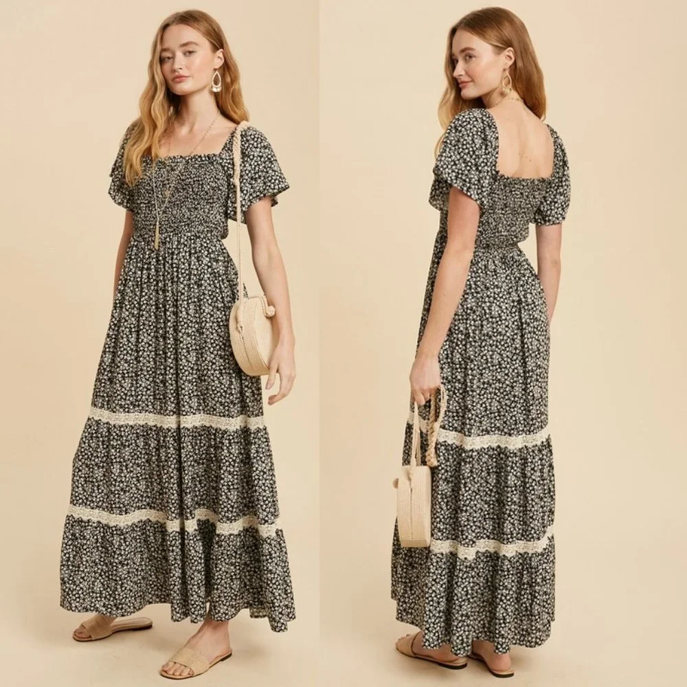NEW Black Ditsy Floral Smock Square Neck Bodice Lace Trim Skirt Boho Maxi Dress - Picture 2 of 11